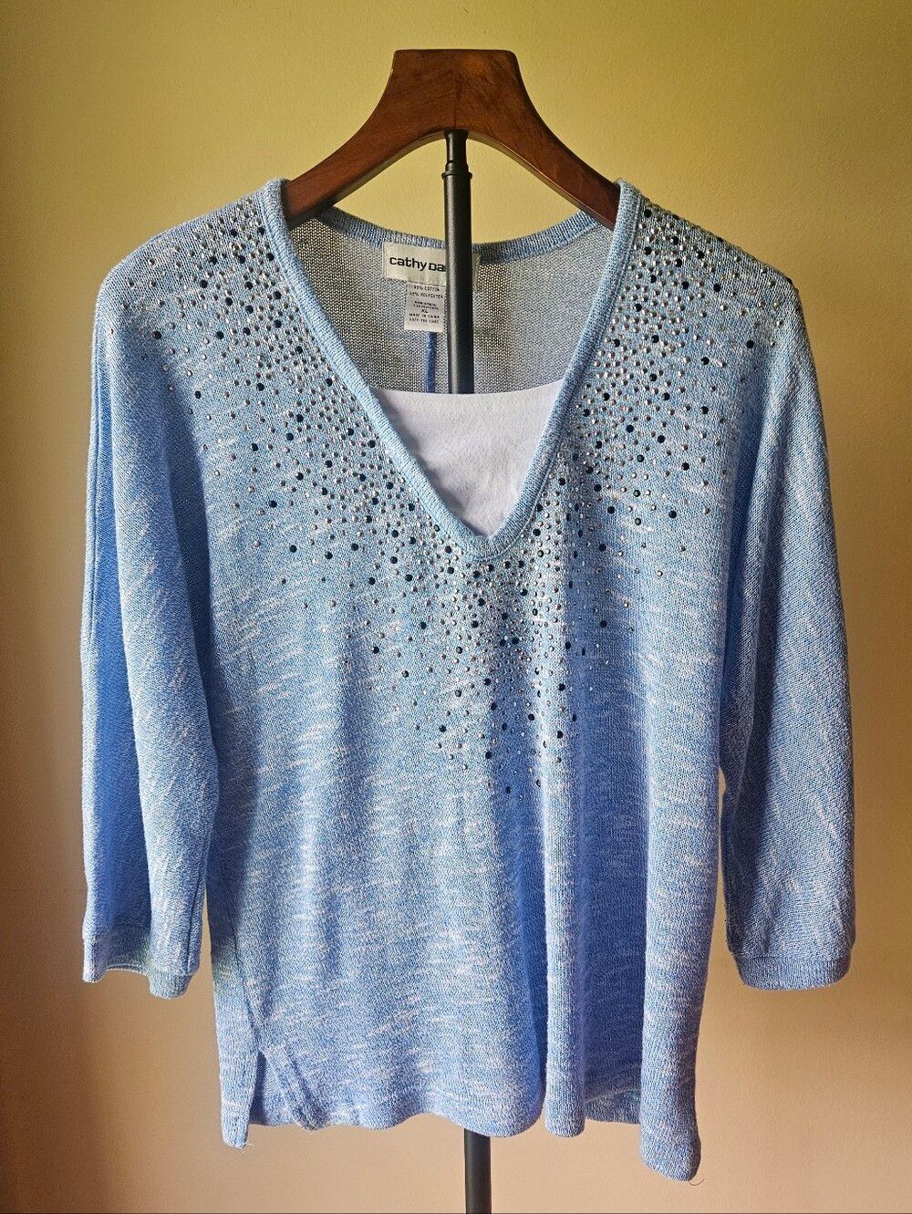 Cathy Daniels Soft Blue Knit Top with Rhinestone Detail Size XL